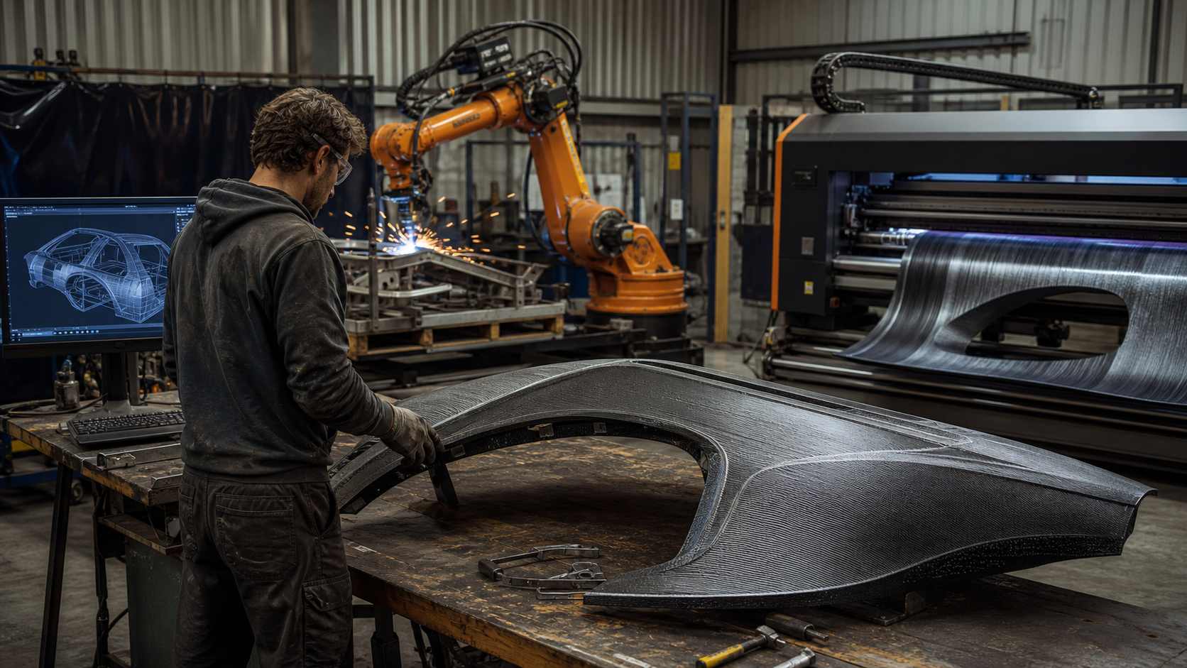 Concept artwork of a fabrication workshop with digital design and robotic tools